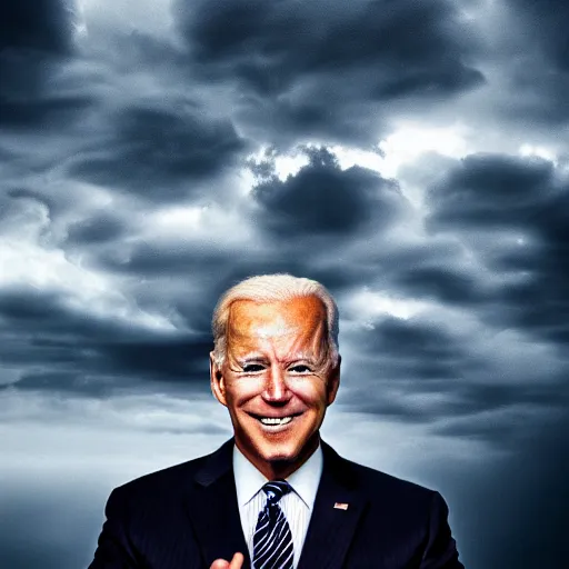 Image similar to ominous portrait of joe biden with glowing eyes, dramatic storm clouds, high contrast