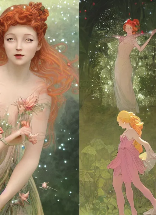 Prompt: portrait of a red - headed early thirties fairy, pixie, fae, imp, sprite in double bun hairstyle and sparkly, gleam baby pink coral outfit, elegant, intricate, highly detailed, smooth, sharp focus, ethereal, misty, fireflies in the backdrop. octane render, pastel color scheme, by hayao miyazaki and alphonse mucha.