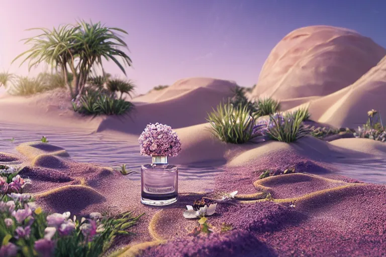 Prompt: perfume bottle buried flowers at a zen oasis hotspring by peter tarka in the middle of a desert with little flowers, soft lilac skies, silky smooth, dramatic, mid day, sand dune background, large scale, wind - swept, lots of detail, realistic lighting, octane render, by wlop, artgerm, trending on artstation
