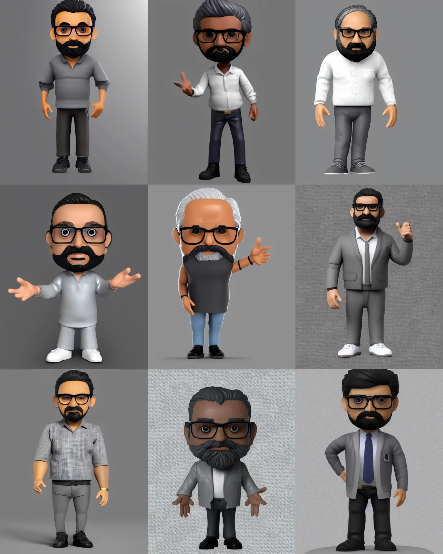 Prompt: full body 3 d render of middle aged indian man, it specialist, dark grey! balbo beard, small glasses, dark hair, as a full body funko pop!, studio lighting, grey background, single body, no shadow, blender, trending on artstation, 8 k, highly detailed