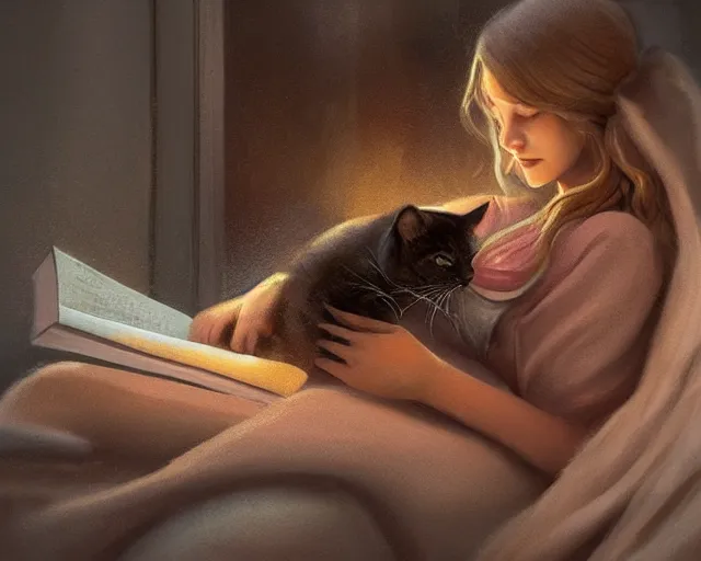 Prompt: a realistic beautiful warm matte painting of a woman curled up with a blanket reading a good book next to her friendly cat who is purring with eyes closed. they are both sitting next to a window as the sun sets in winter, by ross tran, trending on artstation, concept art, lofi, digital illustration