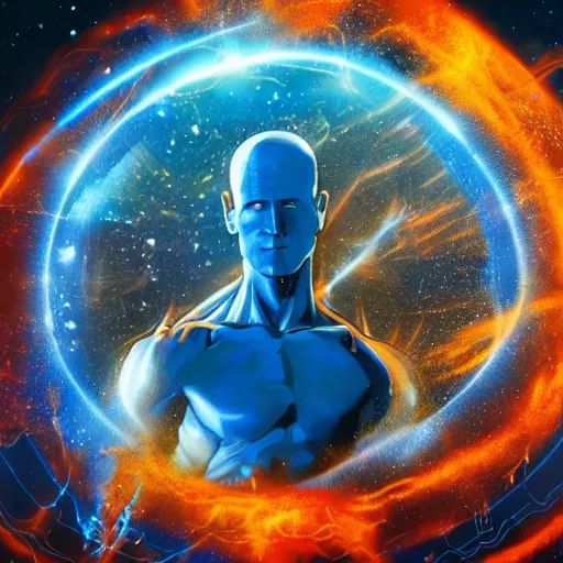 Prompt: a macro portrait of Doctor Manhattan destroying the universe with a snap, hyperdetailed, artstation, 8k,