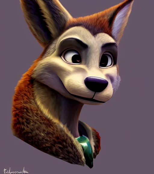 Image similar to oil painting bust of anthromorphic female wolf, in style of zootopia, zootopia, zootopia, fursona, furry, furaffinity, 4 k, deviantart, furry art, fursona art, wearing black business suit, business suit, in style of zootopia, wolf fursona, cyberpunk, female, expressive detailed feminine face,