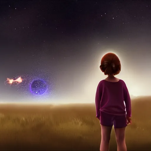 Prompt: a girl watching a meteorite fall from space, very realistic digital art