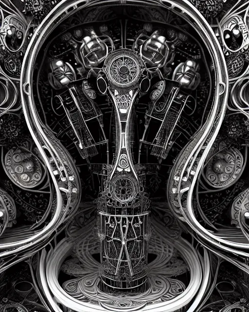 Prompt: mythical black and white organic bio-mechanical computer. highly detailed, intricate steampunk ornate, poetic, 3D render, digital art, octane render, 8K artistic photography, photo-realistic, by Dora Maar