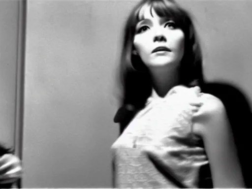Image similar to film still of a beautiful beatnik girl staring into space, anna karina, mary louise parker, vintage fashion