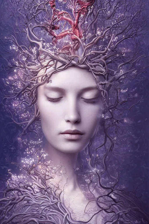 Prompt: a stunning ultra detailed fantasy fine art portrait of a sleeping tree goddess connected to sinuous barren trees, lit by glowing orbs, surrounded by blooming hibiscus and jasmine, misty night, very detailed, perfect face, sharp focus, 8 5 mm lens, soft ethereal lighting, artstation, 8 k, by tomasz alen kopera, igor morski and audrey kawasaki
