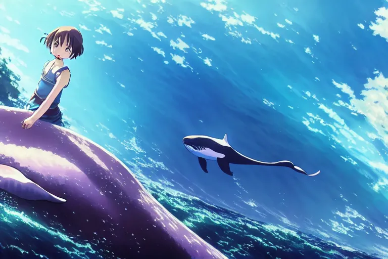 Prompt: a panorama distant view under the water, hyper detailed cg rendering of a cute girl and whale, anime key visual of children of the sea, finely detailed perfect face, style of raphael lacoste, makoto shinkai, violet evergarden, studio ghibli, james jean, hayao miyazaki, extremely high quality artwork