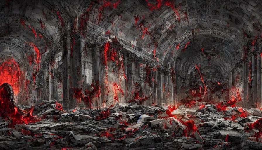 Prompt: a beautiful high - quality photo of an entity of pure darkness devastating a gory marble city, devouring happiness and souls, vomiting blood, dismembering people, body horror, cosmic horror, volumetric lighting, hyperrealistic, very detailed, 8 k