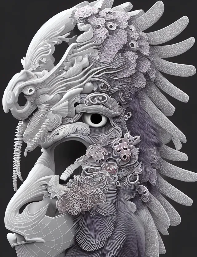 Image similar to 3 d goddess close - up profile portrait biomechanics with ram skull. beautiful intricately detailed japanese crow kitsune mask and clasical japanese kimono. betta fish, jellyfish phoenix, bio luminescent, plasma, ice, water, wind, creature, artwork by tooth wu and wlop and beeple and greg rutkowski