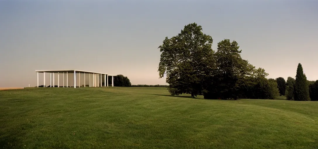 Image similar to farmhouse designed by santiago calatrava. landscape design by capability brown. fujinon premista 1 9 - 4 5 mm t 2. 9. portra 8 0 0.