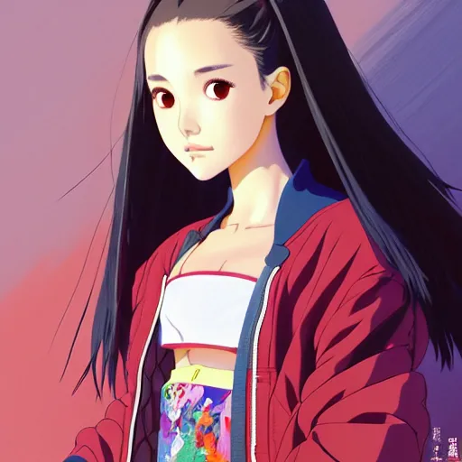 Image similar to a beautiful japanese natalie portman gravure model, wearing oversized native designer bomber jacket and leotard with overalls, bulky poofy bomber jacket with mesoamerican patterns, mesoamerican native street fashion, gapmoe yandere grimdark, trending on pixiv fanbox, painted by greg rutkowski makoto shinkai takashi takeuchi studio ghibli, akihiko yoshida