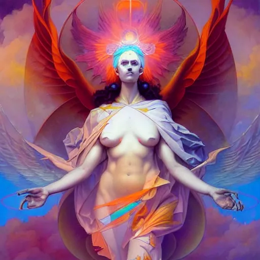 Image similar to psychedelic angelic celestial being artwork of peter mohrbacher, frank xavier leyendecker, energy body, sacred geometry, esoteric art, divinity detailed, saturated colors,