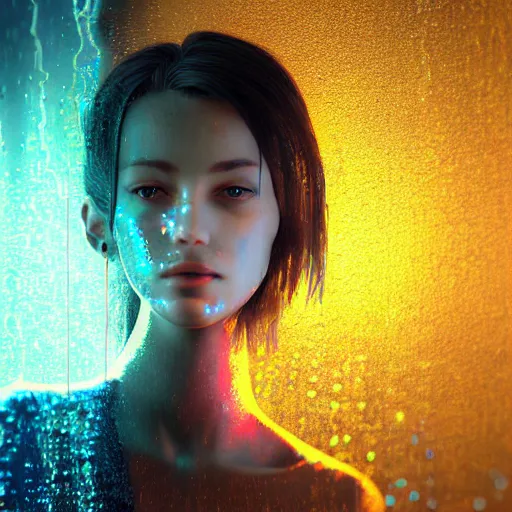 Image similar to hyperdetailed beautiful girl in the rain interacting with a holographic interface on a wall in a future cyber punk style city trending on cgsociety