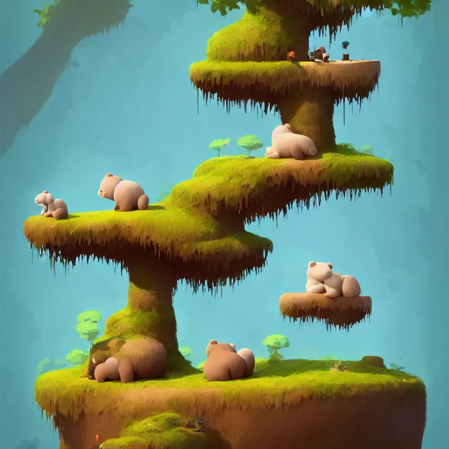 Image similar to A river, a baby bear on top of a trunk, jungle, art by Goro Fujita, ilustration, concept art, sharp focus, ArtStation, Deviantart