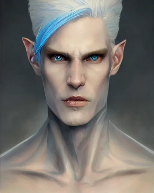 Image similar to character portrait of a slender young half elven man with white hair, piercing blue eyes, and pale blue skin, by greg rutkowski and mark brookes and jim burns and tom bagshaw and magali villeneuve, trending on artstation