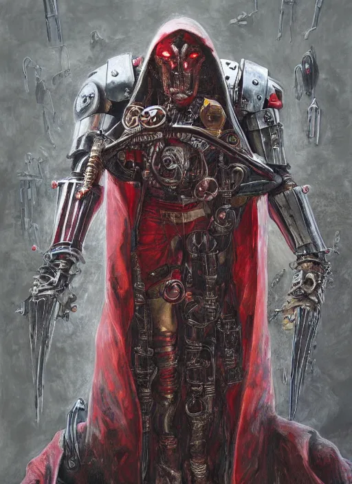 Image similar to portrait of rotten Nicolas Cage as adeptus mechanicus in red hood and robe from Warhammer 40000. Highly detailed, artstation, illustration by and John Blanche and zdislav beksinski and wayne barlowe