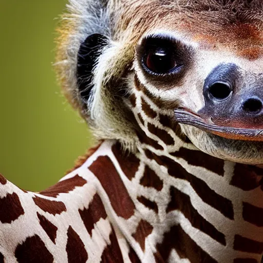 Image similar to giraffe sloth hybrid, bold natural colors, national geographic photography, masterpiece, full shot