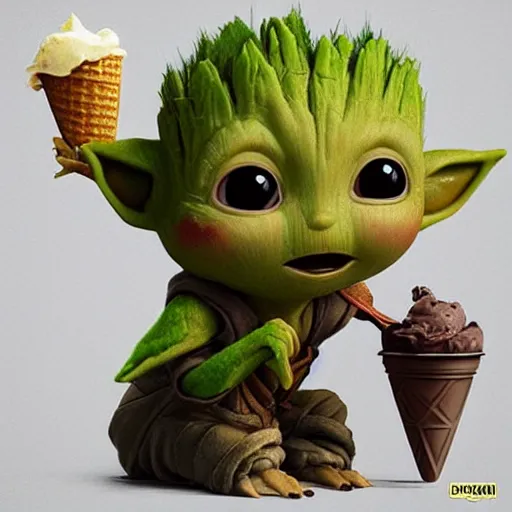 Prompt: artstation baby Groot and baby Yoda eating an ice cream together. The ice cream looks like Pikachu, very detailed, portrait, ultra realistic