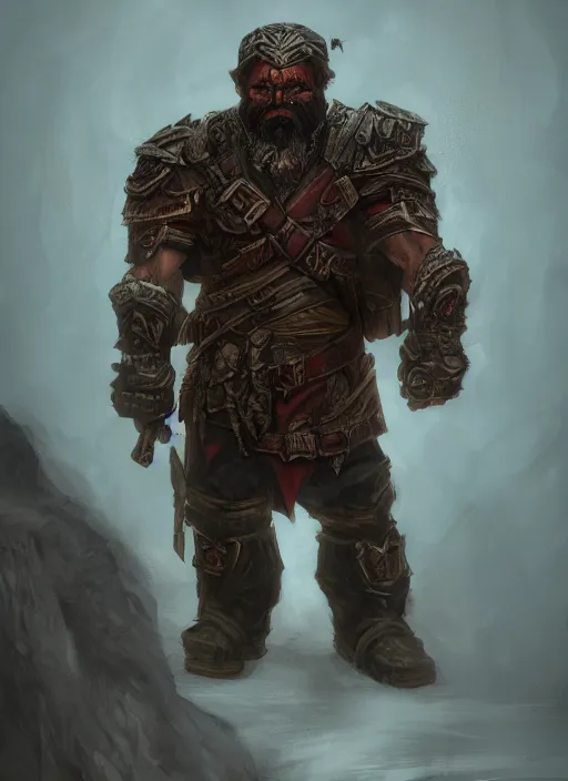 Image similar to A fantasy comic book style portrait painting of a brutal grim warrior dwarf in a atmospheric dark fortress, unreal 5, DAZ, hyperrealistic, octane render, RPG portrait, ambient light, dynamic lighting