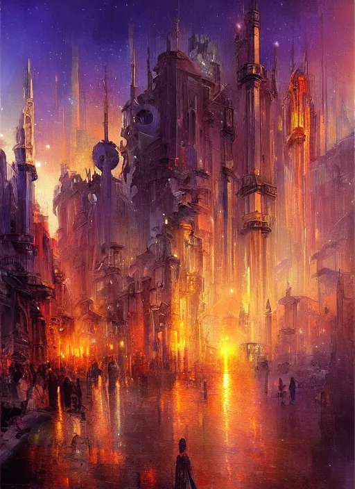 Image similar to ethereal starlit city of magic lost in time at sunset, italian futurism, art station, johan grenier, hd, digital painting