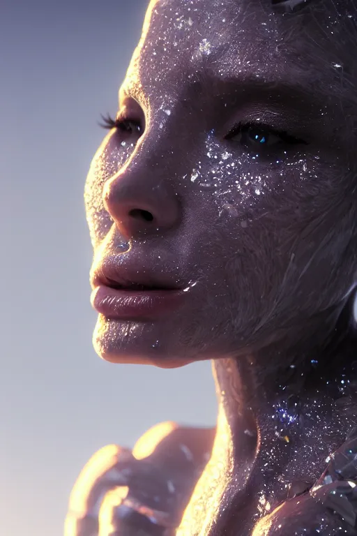 Image similar to skin concept, biopunk, in full growth, magical smoky translucent luminous sparkling crystals, many details, 3 d, cinematic, hyper realism, high detail, octane render