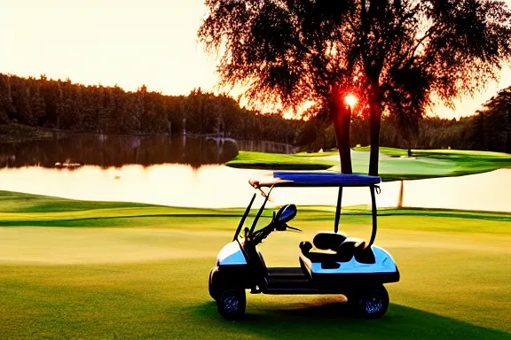 Image similar to a golf cart on a golf coarse at sunset in front of a lake