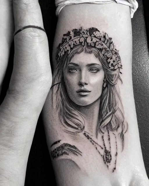 Image similar to realism tattoo sketch of a beautiful greek goddess aphrodite wearing a laurel wreath and arrowhead earrings, in the style of greg rutkowski, amazing detail