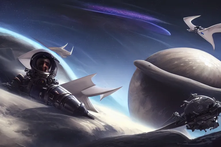 Image similar to character design, a pilot back turned, holding a helmet, pterosaur styling on the space suit, kanji insignia and numbering, Raymond Swanland and Jessica Rossier nebula like clouds in space background near a ringed gas giant, hyper detailed hyper detailed, 8k, ultra realistic, cinematic lighting, ultra wide 35mm lens, Boeing Concept Art, Lockheed concept art