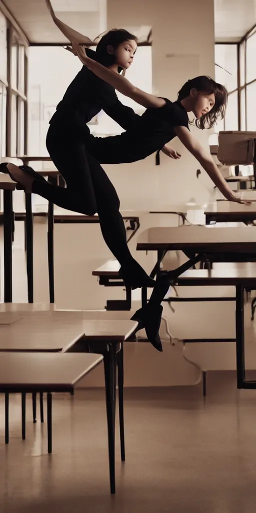 Image similar to tilted frame, dutch angle, skewed shot, film still of stylish girl dancing on school desk, cinematography from music video, intricate, elegant, highly detailed, smooth, sharp focus,