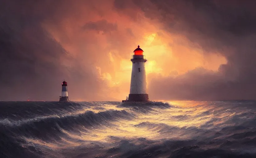 Image similar to painting of a lighthouse at sunset in a storm, natural light, concept art, by greg rutkowski, cozy atmospheric and cinematic lighting