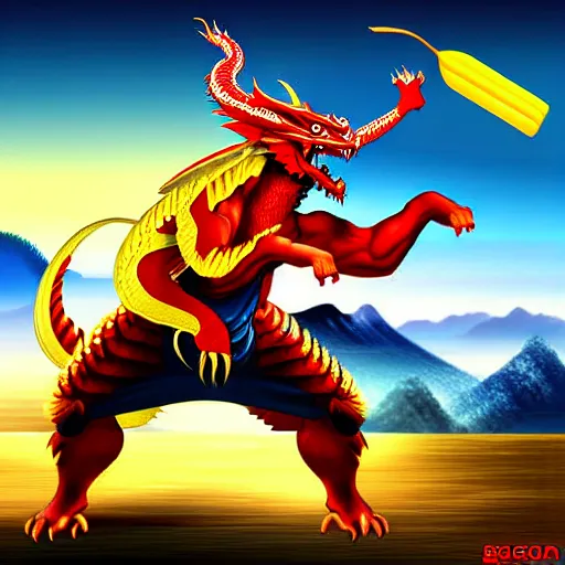 Image similar to Chinese president, battle, bananas weapon, dragon, mountains background, fighting stance, painting