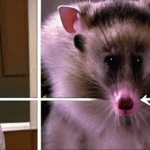 Image similar to an anthropomorphic opossum as a victim in a promotional still shot for law and order SVU, movie still, high quality