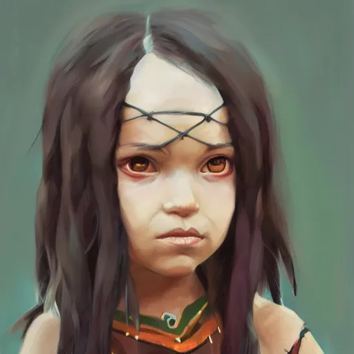 Image similar to little girl character inspired in indigenous and raven, digital art by cushart krenz