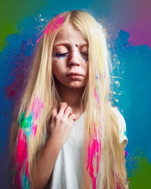 Image similar to portrait photograph of a beautiful young girl with long blonde hair wearing a white t-shir. she is crying tears of flowing exploding colors, she looks sad, distraught. paint splatte, colorful tears, crayon tears, upset, pitiful, cinematic lighting, 4k, focused, photo realistic, highly detailed, 3d rendered