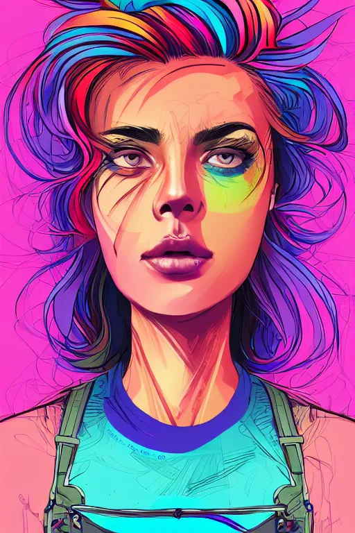 Image similar to a award winning half body portrait of a beautiful woman with stunning eyes in a printed croptop and cargo pants with rainbow colored ombre hairstyle head in motion and hair flying by josan gonzales, outrun, vaporware, shaded flat illustration, digital art, trending on artstation, highly detailed, fine detail, intricate