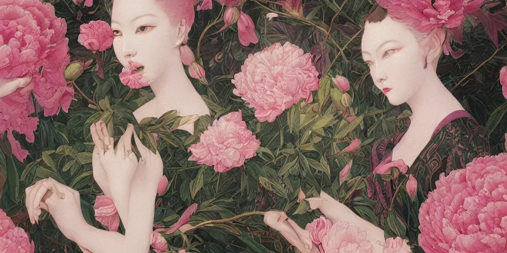 Prompt: breathtaking detailed concept art deco painting blend of pink short hair goddesses of peonies by hsiao - ron cheng with anxious piercing eyes, vintage illustration pattern with bizarre compositions blend of flowers and fruits and birds by beto val and john james audubon, exquisite detail, extremely moody lighting, 8 k