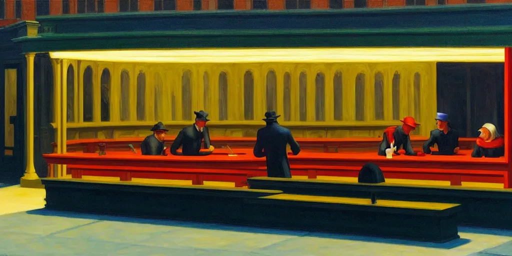 Prompt: painting nighthawks by edward hopper with jim carrey