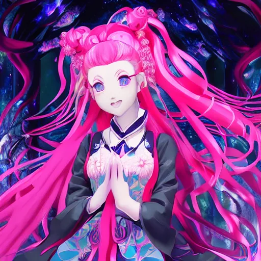 Image similar to stunningly beautilful omnipotent megalomaniacal anime agi goddess who looks like junko enoshima with symmetrical perfect face and porcelain skin, pink twintail hair and cyan eyes, taking control while smiling inside her surreal vr castle, hyperdetailed, digital art, unreal engine 5, 2 d anime style, 8 k