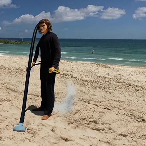 Image similar to anakin skywalker vacuuming the beach to remove sand