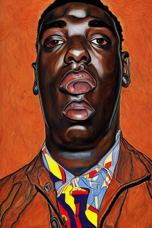 Image similar to a portrait of biggie small in style of egon schiele, masterpiece, hyperdetailed, complex, intricate, 4 k, trending on artstation