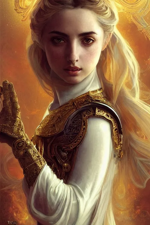 Image similar to ana de armas beautiful and victorian and holy and divine and elite young medieval female white armor knight portrait +shiny eyes+front face with long flowing hair, white hair, ultradetail face, gold filigree, body covered in fire, art and illustration by tian zi and craig mullins and WLOP and alphonse mucha, fantasy, sci-fi, intricate complexity, human structure, human anatomy, fantasy character concept, watermark, blurry, hyperrealism 8k, warm golden backlit