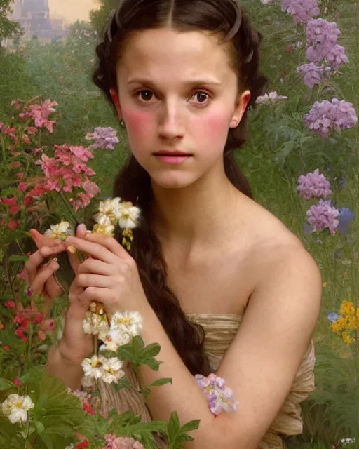 Image similar to a portrait painting of a shy, blushing 1 6 - year old alicia vikander or millie bobby brown as a princess in her flower garden with lanterns, intricate, elegant, highly detailed, artstation, concept art, by krenz cushart and donato giancola and william adolph bouguereau and alphonse mucha