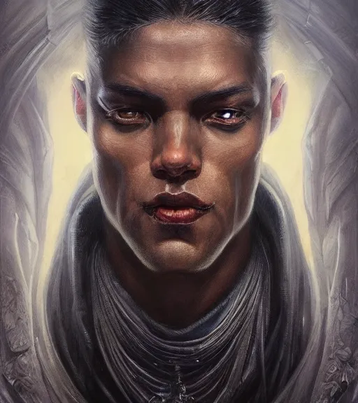 Image similar to portrait of a male dark Jedi by karol bak, WLOP, James Jean, tom bagshaw, rococo, trending on artstation, glossy eyes, face, fantasy, intricate, elegant, highly detailed, digital painting, concept art, smooth, sharp focus, illustration, cinematic lighting, hyper realism, octane render, 8k, hyper detailed.