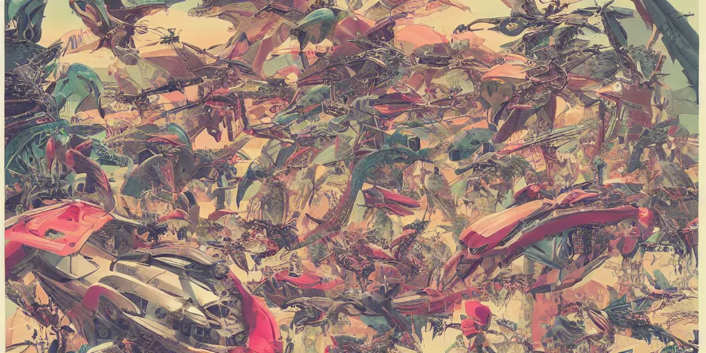 Image similar to risograph rendition, gigantic mecha arzach birds with dragonflies, tiny rats, a lot of exotic animals around, big human faces everywhere, helicopters and tremendous birds, by satoshi kon and moebius, matte bright colors, surreal design, crispy, super - detailed, a lot of tiny details, fullshot