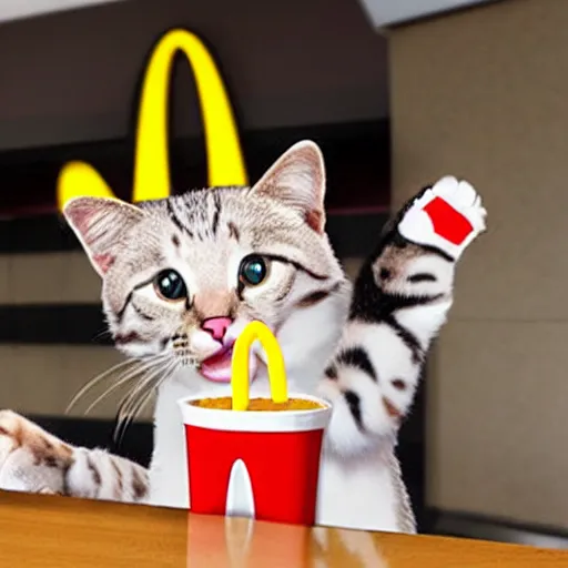 Image similar to photo of anthropomorphic cat working for mcdonalds