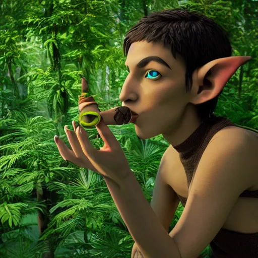 Image similar to 3d render of an elf smoking pipe weed in a dense forest. Unreal engine, nvidia, extremely detailed, sharp