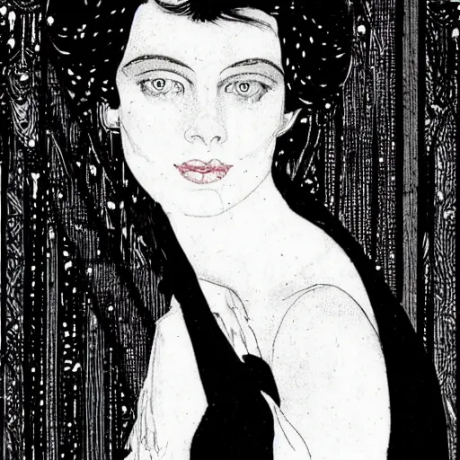 Image similar to illustration or margot robbie in black and white by harry clarke