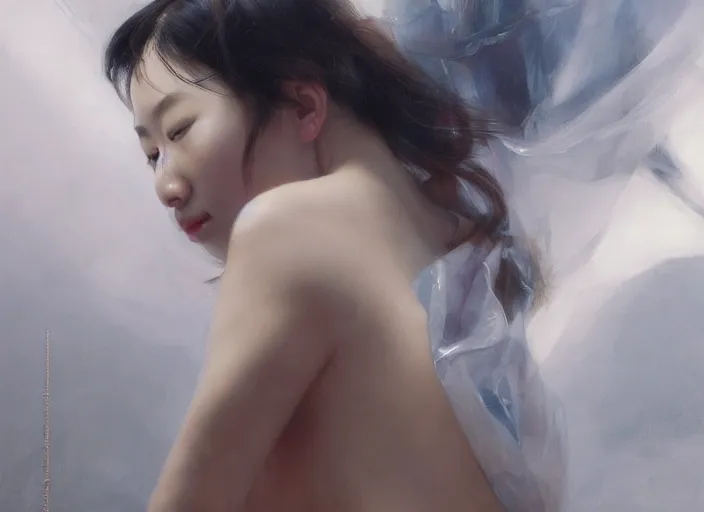 Prompt: top angle view, wide lens of asian girl draped in clear plastic, beautiful concept painting by caravaggio, ruan jia, jakub rebelka, artgerm, greg rutkowski, edgar maxence