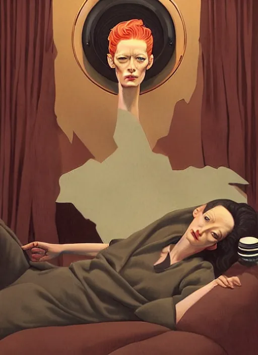 Image similar to Twin Peaks poster artwork by Michael Whelan, Bob Larkin and Tomer Hanuka, Karol Bak of portrait of radio host Tilda Swinton!!!!!!!!!! lounging in her radio sound booth, alone, late at night, from scene from Twin Peaks, simple illustration, domestic, nostalgic, from scene from Twin Peaks, clean, cover of New Yorker magazine